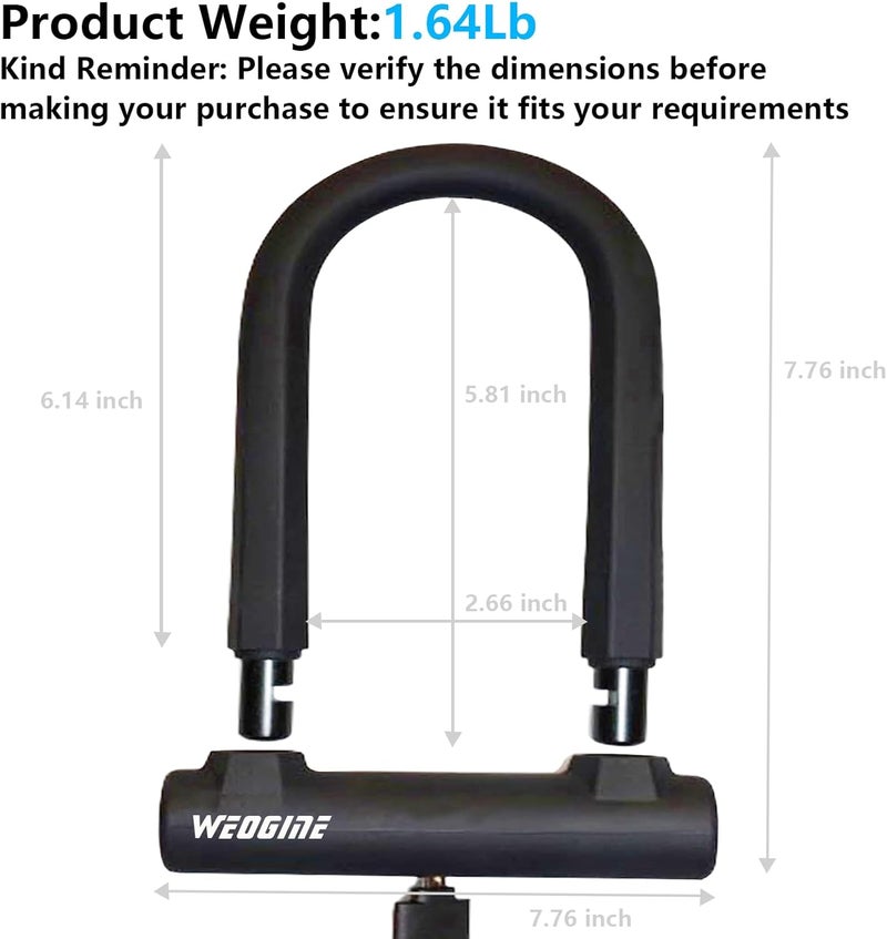 Weogine Bike U Lock with 5ft Security Cable 17mm Shackle, Bike Lock with 3 Keys and Mounting Bracket, Bicycle U-Locks Perfect for Road, Mountain, and Electric Bikes,Bicycle Lock - Image 3
